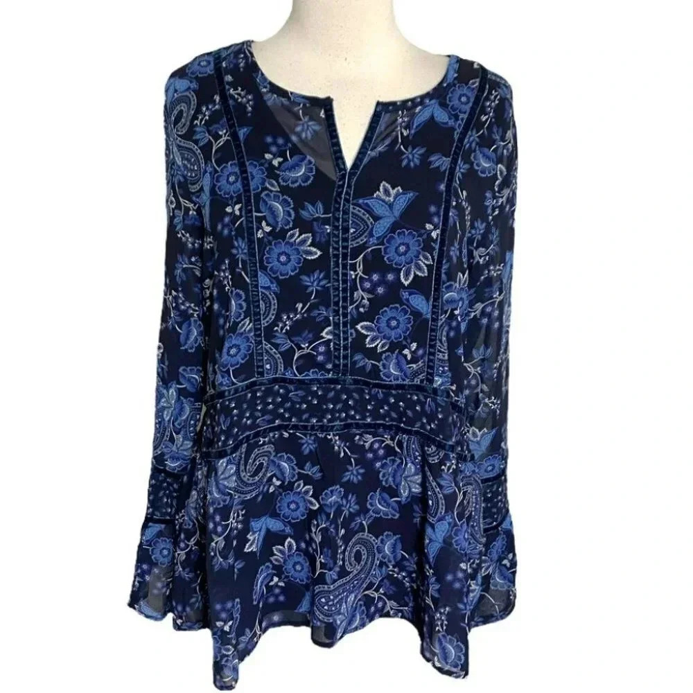 Christopher + Banks M blue floral boho peasant blouse